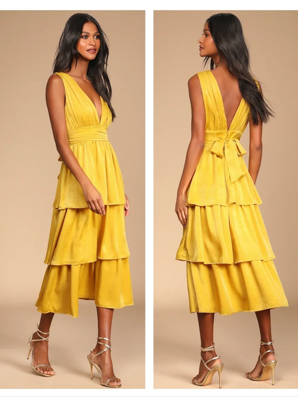 Lulus Peak Party Vibe Mustard Yellow Satin Tiered Tie-Back Midi Dress Medium